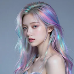 cyber fairy, vibrant hair, soft skin, iridescent, by artgem