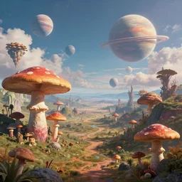 a view of a surreal alien variated planetary landscape with gigantic fungus of varying sizes scattered across the vast landscapes, surreal clouds, floating islands, 4 k, retro, detailed, beautiful view, vibrant, planets in the skies, trending on artstation