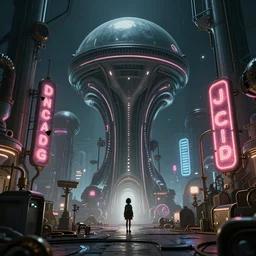 beautiful 3 d render of an alien world with sleek architecture in the style of junji ito, steampunk, ultra detailed, broken neon signs, a tiny girl watching on, elegant, artstation, dramatic lighting, glowing light and shadows, trending on artstation, octane render