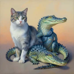 painting of hybrid between cat! & crocodile, intercrossed animal, mixture animal, by tiffany bozic, by zdzislaw beksinski, organic, unusual anatomy, cold hue's, warm tone gradient background, concept art, beautiful composition, digital painting,