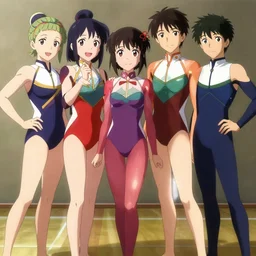 epic 8 k hd anime shot, posing together in leotards. by yoshiyuki sadamoto, amagaitaro, makoto shinkai, krenz cushart, asao urata, pixiv