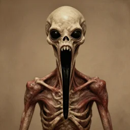 humanoid with crooked teeth, sepia tint, two shallow black eyes, long open black mouth, alien looking, big forehead, horrifying, killer, creepy, sepia tint, long open black mouth, dead, looking straight into camera, realistic, slightly red, long neck, boney, monster, tall, very skinny, skullish, big forehead, in the style of alfred kubin