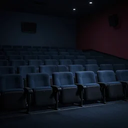 empty cinema, liminal space, sad,, familiar, photography, dark, 3 d, lonely