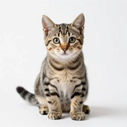 baby tabby cat, studio photography, full body, isolated on a pure white background, centered, entire subject in frame, sharp focus, soft studio lighting