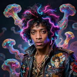 A Weirdcore Mesmerizing 8k hyperrealistic portrait of cyberpunk Jimi Hendrix with electric neon hair strands, floating in spirals of iridescent mycelum, painted by Caravaggio, artgerm and raymond swanland and alphonse mucha