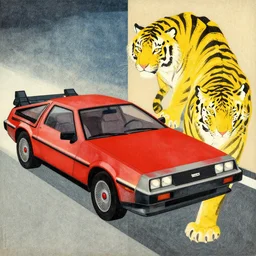 a red delorean and yellow tiger, abstract art by hsiao - ron cheng and utagawa kunisada, magazine collage, no humans, # de 9 5 f 0