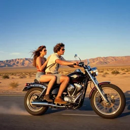 hardmesh retro romantic couple ride on motorbike, full throttle game, ride out here, road california desert, sunset, blue sky, by greg rutkowski, magali villeneuve, artgerm, jeremy lipkin and michael garmash and rob rey