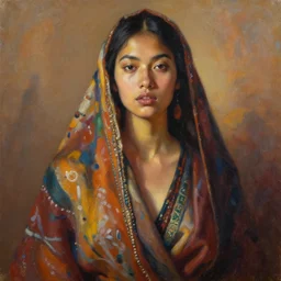 detailed portrait in daring femininity, eastern ethnic, statuesque, confident realistic face, warm glow, bathed in morning light, chiaroscuro, painterly, radiosity, impressionism, textiles color medley, warm earthy natural color scheme with contrasting highlights, modern fashion, contemporary art, deep rich hues, oil on canvas
