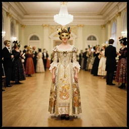 lomography, full body portrait photo of a reol wide ballroom hall masquerade party, wearing an ornate dress by alphonse mucha andgustav klimt, yoshitaka amano, moody, realistic, dark, skin tinted a warm tone, light blue filter, hdr, cinematic, rounded eyes,, detailed facial features