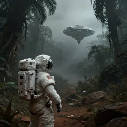 astronaut overlooking a martian jungle. a space colony is visible in the distance. dark, concept art, cinematic, dramatic, atmospheric, 8 k, trending on artstation, haze, low visibility, fog, christopher nolan, interstellar