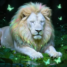 harmony glowing neon tiny butterfly stars, giant white lion, mute, closed eyes, androgynous blonde male wearing, pond, green 🍃, rainbow hair overlay, beautiful lit, dark background, highly detailed, fantasy art by craig mullins, thomas kinkade