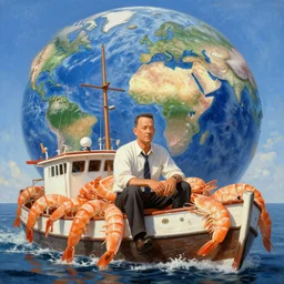 Tom hanks as forrest gump sitting in a giant shrimp boat, majestic beautiful world, realism painting, amazing detail