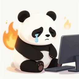 a very sad crying panda sitting next to the PC that just caught fire