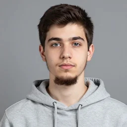 a studio photograph of a teenager boy with short, dark brown hair and a long stubble beard, bust photograph, grey hoodie, grey eyes