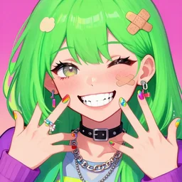 digital 2 d, illustration, anime & manga, stylized, anime, colorful, smile, kawaii, decora, harajuku, grills, teeth, jewelry, bandaid, bandage, green hair, freckles, nails, nail art, fashion, stylish, rainbow