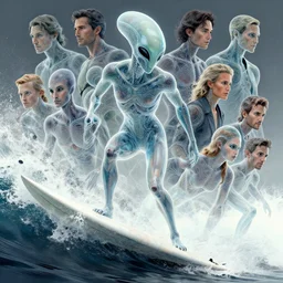 surfing with the alien by elson, gric, mcquarrie, lacoste, rhads, mccall, rodney matthews, gonsalves, walotsky, shiki, ishinomori, aivazovsky, stalenhag, stella, stephanie law, syd mead. artstation, award, masterpiece, intricate, translucent