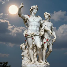 tilt shift, prismatic, italian masterpiece, white marble sculpture, baroque, portrait, saint Man, Zeus gods Apollo Mercury, beautiful, gracious, pagans, marble, clouds, sun, greeks, fruits, bioluminescent skin, draped with red flowers and vines, ultra detailed
