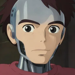 a stylized 2 d cinematic keyframe of a close - up of a cyborg face, being assembled, joy gaze, cel - shaded, classical animation, edge - to - edge print, rendered by studio ghibli, artgerm, alyssa monks, andreas rocha, david kassan, neil blevins, rule of thirds, golden ratio, ambient lighting