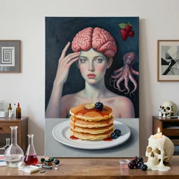 “ sensual, a portrait in a female art student ’ s apartment, pancakes, brain, woman reaching from inside a painting, berries, octopus, surgical supplies, skull, scientific glassware, escher, art materials, candle dripping white wax, berry juice drips, neo - expressionism, surrealism, acrylic and spray paint and oilstick on canvas ”