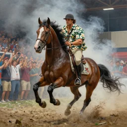 a centaur wearing a hawaiian shirt, galloping into a smoky convention center, where hundreds of spectators are watching and cheering, epic, oil painting, hyper realistic,