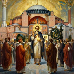 divine liturgy in the hagia sophia epic concept art, epic painting, artstation, realistic, by greg rutkowski