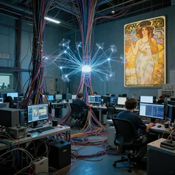 zoomed out, a room crowded with wires and computers and neural networks, zoomed out, sci - fi, ai, 4 k realistic, artem demura. alphonse mucha. wires!
