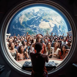 analogue photo of an African tribal DJ and happy crowd on a spaceship, view of planet earth in porthole window, wide angle, photography by Martha Cooper
