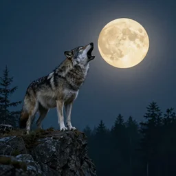 A wolf with the head of a crow, perched upon a cliff's edge, howling at a yellowish full moon overlooking a dark forest