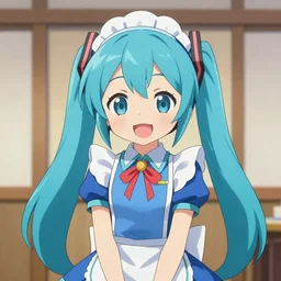 a cute smiling maid in blue maid costume , long blue hair, anime style.