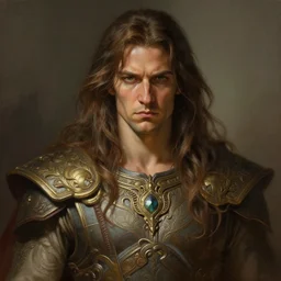 rob mcelhenney as ares by josh kirby long flowing hair, fantasy, frown,, intricate, elegant, highly detailed, digital painting, artstation, concept art, matte, sharp focus, illustration, art by artgerm and greg rutkowski and alphonse mucha