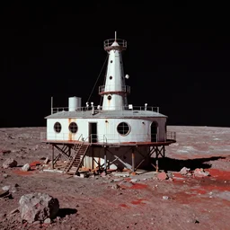 a derelict research station on the moon, red