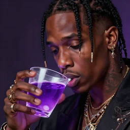 travis scott holding cup of codeine, accurate details, detailed face, purple liquid in cup glowing, fantasy, dramatic, intricate, elegant, highly detailed, digital painting, artstation, concept art, smooth, sharp focus, illustration, art by Gustave Dore, octane render