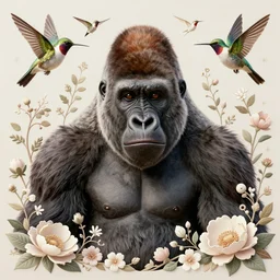 half - length portrait of a gorilla surrounded by hummingbirds and fine floral ornaments, eye - level medium - angle shot, intricate, floral background, by esao andrews, by m. w. kaluta, by yoshita amano, intricate, symmetrical, natural lighting, smooth, 3 d octane render, depth perception, 4 k,, artstation