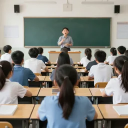 first - person view of the back of a some students at their desks facing the front of the classroom where the teacher is standing all people with comically enlarged heads