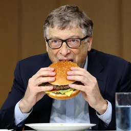 bill gates struggling to eat a giant hamburger