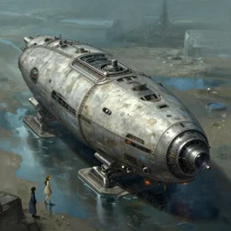 scifi soviet cargo spaceship in heavy armor, forbidden west, liminal space around, puddles of water, by simon stalenhag, by ian pesty and alena aenami and makoto shinkai, concept art, matte painting, washed colors,