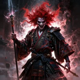 an epic portrait of insane samurai wielding a spear, magical aura of insanity, intricate hakama, poofy red wig, eerie, highly detailed, dark fantasy, art by artgerm and greg rutkowski
