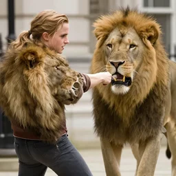 a photograph of emma watson punching a lion in london