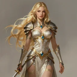 A blonde warrior, beautiful and realistic face, sexy look, fantasy illustration, full body, in the style of Fernando Juarez, epic, fantasy, intricate, elegant, amazing detail, digital painting, artstation, concept art, smooth, sharp focus, illustration