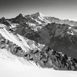 award winning landscape photography of mont blanc by ansel adams, nikon, wide angle, high contrast, black and white, layers, dramatic, beautiful light, fine detail
