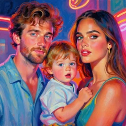 vibrant, summer, family, colin farrell, jessica alba woman, with a kid, neon light, detailed faces, painting by gaston bussiere, craig mullins, j. c. leyendecker
