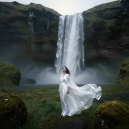 dark and moody portrait by ansel adams and pedar balke and wayne barlow, a woman in an extremely long white billowing flowing shhining white dress made out of smoke, standing inside a green mossy irish rocky scenic landscape, huge waterfall, volumetric lighting, backlit, atmospheric, fog, extremely windy, soft focus
