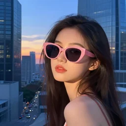 portrait of a beautiful girl, wearing pink sunglasses, sunset in the city, skyscrapers, intimate, in love, shades of blue, beautiful face, rule of thirds, spotlight, by greg rutkowski, by jeremy mann, by francoise nielly, by van gogh, digital painting
