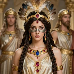 portrait of a beautiful greek woman +diadem with facemask and feather crest+ long hairs and complex hairdressing+antique greek tunique+symmetric face, symmetric body+gold jewels, collar, earings, rubis, sapphire, topaz,citrite+gods of olympe+ in the style of saint seiya + by Joongwon Jeong and Kei Mieno, artsation, unreal engine render, octane render