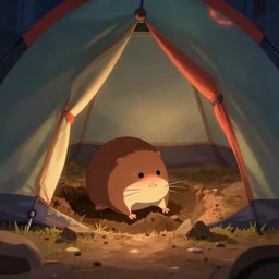 a mole inside a tent, camping, interior of a tent, digging a hole, medium shot, waist up, pixar and disney animation, sharp, rendered in unreal engine 5, anime key art, bloom, dramatic lighting