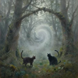 mysterious cats in a spiraling forest with fog, oil on canvas