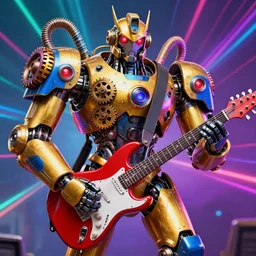 portrait photo of a giant huge golden and blue metal futuristic steampunk robot covered with multicolored big gears and tubes, a red electric guitar, eyes are glowing red lightbulbs, shiny crisp finish, 3 d render, 8 k, insaneley detailed, fluorescent colors, background is multicolored lasershow
