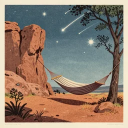 a hammock under the stars next to an impossible rock formation with comets and trees, 1940s faded risograph print, illustration, limited color palette, earthtones, double-exposure, astrophotography