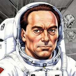 portrait of berlusconi naraka astronaut painted in miyazaki color style drawn by katsuhiro otomo and takato yamamoto, high detail, intricate linework, sharp, monster face, perspective, manga and anime