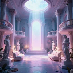 liminal space interior of a vaporwave mansion high detail 3D rendered render in unreal engine 8K god rays volumetric lighting statues trending on art station